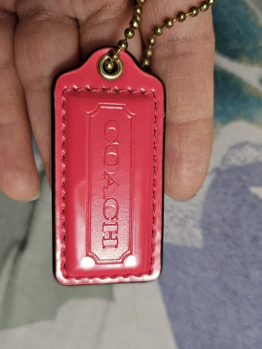 COACH Hot Pink Leather Tag with Gold Ball Chain